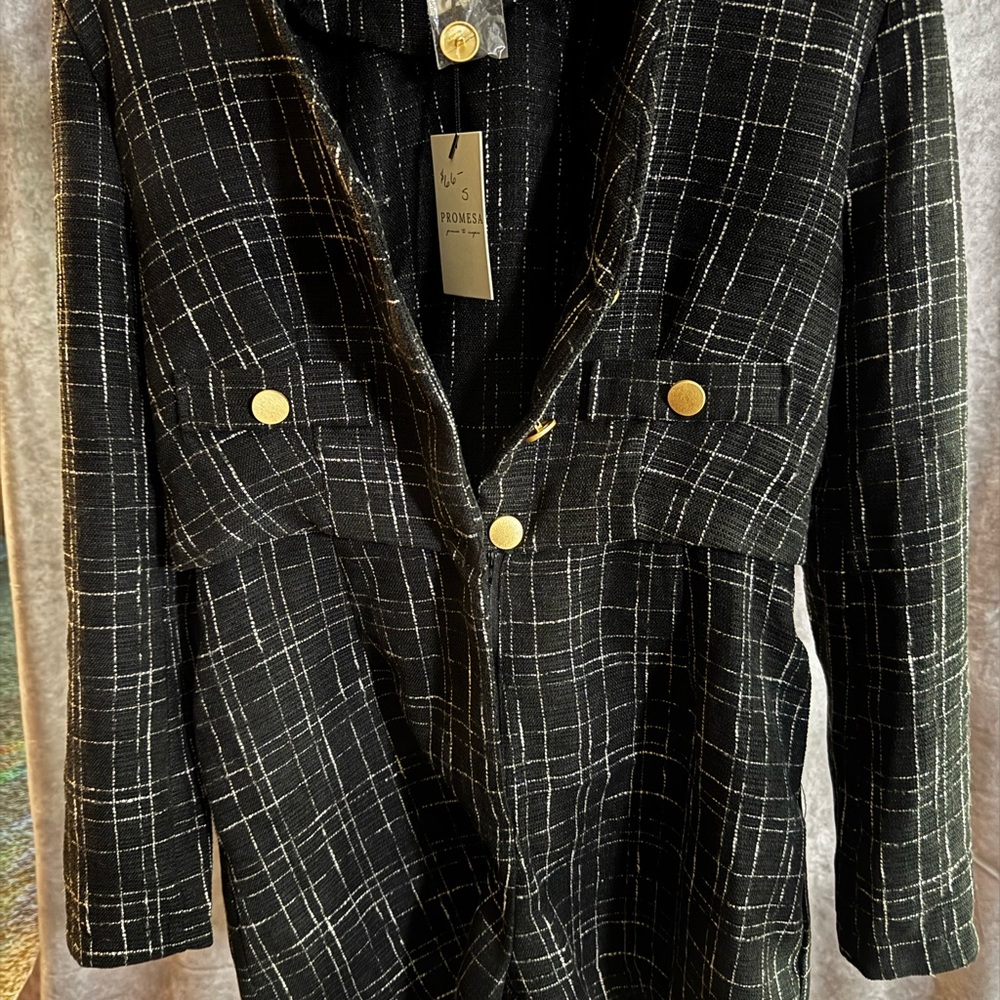 Promesa Black and White Plaid Blazer Romper with Gold Buttons